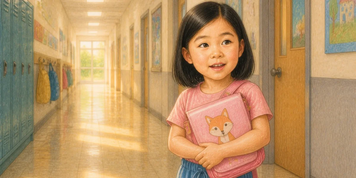 Il·lustració d’un llibre de mostra · Yuna i el seu primer dia d’escola